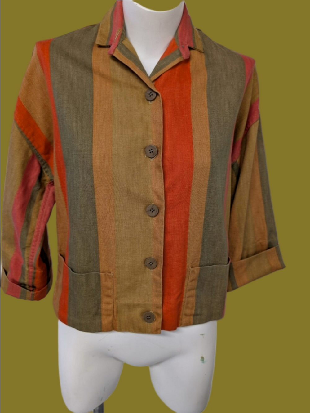Vintage Jacke Cropped Button-Front  in Multi Colours Front Pockets 3/4 Sleeves S